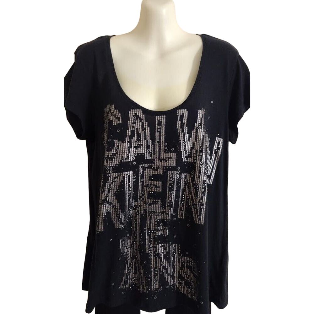 Calvin Klein Jeans, Cap Sleeve‎ Tee with Studded Design, Blk/Silver, Size L